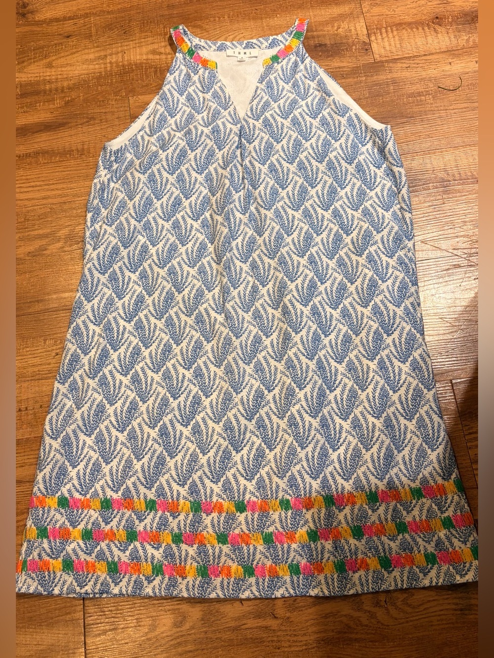 THML Blue & White Printed Halter Dress with Rainbow Embroidery - Picture 6 of 15